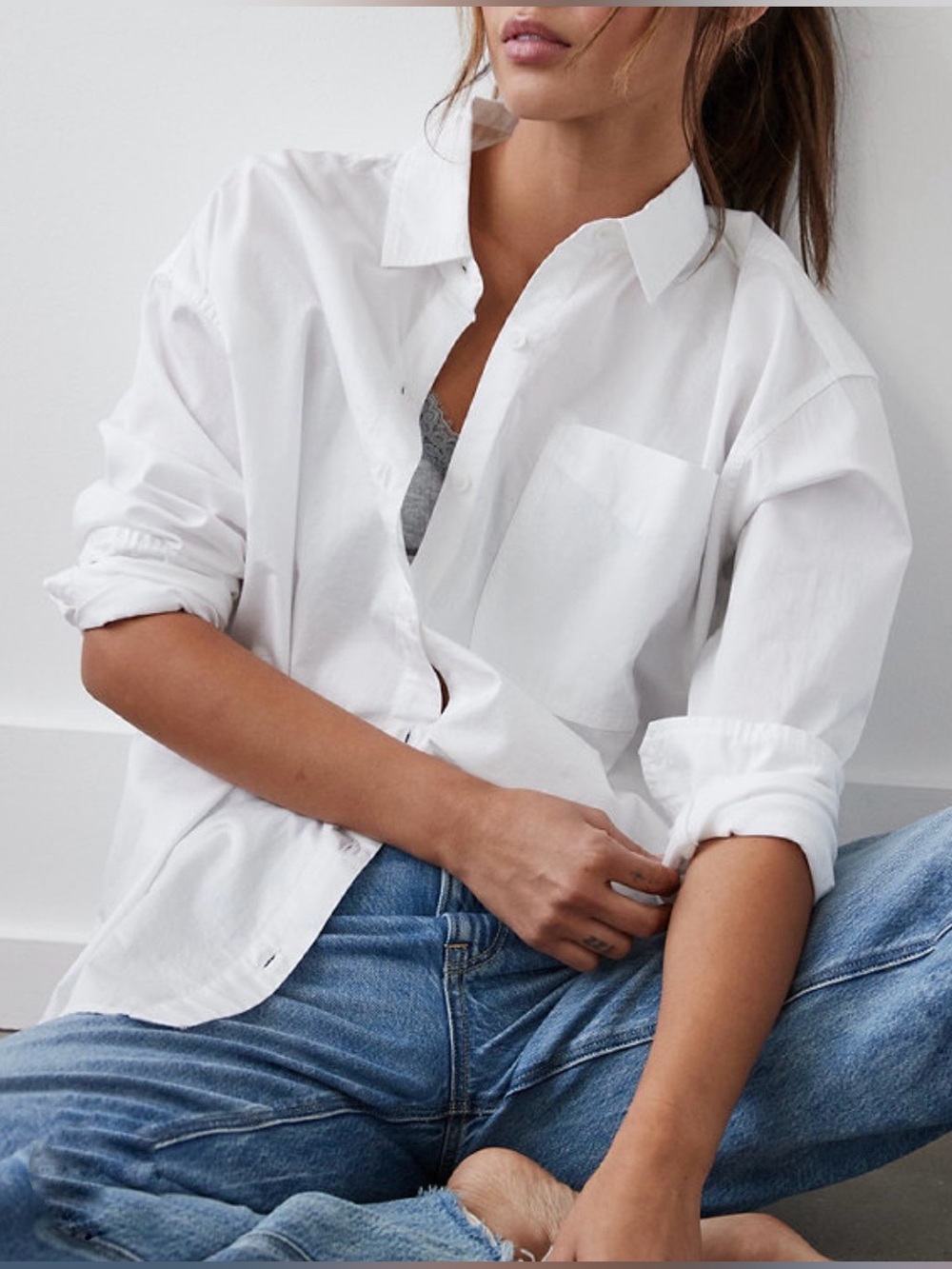 Aerie Classic White Cotton Oversized Button-Up Shirt -XS